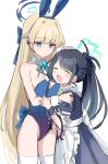  2girls :d absurdres animal_ears aris_(blue_archive) aris_(maid)_(blue_archive) black_hair blonde_hair blue_archive blue_leotard breasts chiune_(yachi) cleavage fake_animal_ears halo highres leotard long_hair maid maid_headdress medium_breasts multiple_girls official_alternate_costume open_mouth ponytail rabbit_ears smile thighhighs thighs toki_(blue_archive) toki_(bunny)_(blue_archive) white_thighhighs 