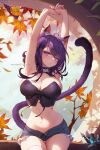  1girl ahoge animal_ears armpits arms_up ass_visible_through_thighs autumn_leaves breasts bustier cat_ears cat_girl cat_tail choker cleavage contrapposto cowboy_shot frilled_choker frilled_shorts frills gloves hair_between_eyes large_breasts leaf looking_at_viewer maple_leaf medium_hair midriff mitsu_(mitsu_art) navel original partially_fingerless_gloves partially_unbuttoned patreon_username puckered_lips purple_eyes purple_hair purple_nails short_shorts shorts solo stretching tail thigh_gap thighhighs watermark wide_hips window 