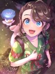  1girl :d backpack bag blue_eyes brown_hair commentary_request eyelashes fireworks green_shirt green_shorts highres juliana_(pokemon) looking_up night open_mouth outdoors pokemon pokemon_(creature) pokemon_(game) pokemon_sv quaxly reflection ryoku_illus shirt short_sleeves shorts smile teeth tongue upper_teeth_only 