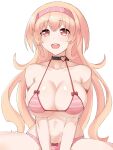  1girl bare_shoulders bikini blush breasts choker compa hairband heart heart_choker highres large_breasts long_hair looking_at_viewer micro_bikini navel neptune_(series) open_mouth orange_hair paid_reward_available pink_eyes simple_background sitting smile solo swimsuit white_background zatsu 