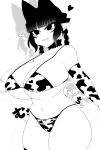  1girl animal_ears animal_print bikini blunt_bangs braid breasts cat_ears cat_girl cleavage commentary_request cow_print curvy elbow_gloves extra_ears gloves greyscale haseru_(ginku_mh) heart huge_breasts kaenbyou_rin looking_at_viewer medium_hair monochrome navel nekomata pointy_ears side_braids sidelocks simple_background solo swimsuit thighhighs touhou twin_braids 