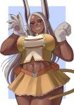  1girl abs animal_ears animal_hands artist_name boku_no_hero_academia border breasts cat_girl cat_paws cat_tail claw_pose cosplay dark-skinned_female dark_skin facial_mark gloves grin gud0c highres large_breasts long_hair looking_at_viewer mirko muscular muscular_female navel parted_bangs paw_gloves paw_pose rabbit_ears ragdoll_(boku_no_hero_academia) ragdoll_(boku_no_hero_academia)_(cosplay) red_eyes red_skirt sidelocks skirt smile solo tail whisker_markings white_border white_gloves white_hair 