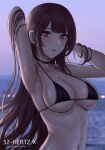  1girl arm_up armpits bikini black_bikini black_choker blurry blurry_background blush bracelet breasts choker collarbone commentary_request english_text evening girls&#039;_frontline highres jewelry large_breasts long_hair looking_at_viewer navel parted_lips purple_eyes purple_sky red_eyes selcky sideboob solo swimsuit underboob upper_body wa2000_(girls&#039;_frontline) water wet 