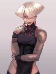  1girl 6maker a.k.i._(street_fighter) china_dress chinese_clothes claw_(weapon) dress earrings elbow_on_arm hair_over_one_eye highres jewelry pelvic_curtain red_eyes short_hair side_slit sleeveless sleeveless_dress solo street_fighter street_fighter_6 tassel tassel_earrings tongue tongue_out weapon white_hair 