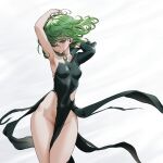  1girl arm_up armpits breasts closed_mouth covered_navel cowboy_shot curly_hair dress flipped_hair green_dress green_eyes green_hair hair_over_one_eye hand_in_own_hair highres light_blush looking_at_viewer loped medium_hair one-punch_man one_eye_covered simple_background small_breasts solo tatsumaki torn_clothes torn_dress white_background 
