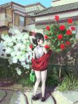  1girl absurdres black_footwear black_shorts blue_sky building day flower from_behind highres holding holding_watering_can house jacket okura_lino original outdoors red_flower red_jacket scenery shirt short_hair shorts sky solo urban watering_can white_flower white_shirt 