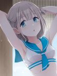  1girl alternate_hairstyle armpits arms_behind_head arms_up bikini blue_bow blue_eyes blue_neckerchief blue_sailor_collar blush bow breasts collarbone dot_nose grey_hair hair_bow highres idolmaster idolmaster_shiny_colors kabayaki_unagi looking_at_viewer neckerchief open_mouth pillar ribs sailor_bikini sailor_collar sailor_swimsuit_(idolmaster) serizawa_asahi short_hair short_twintails small_breasts solo sudare swimsuit teeth twintails upper_body upper_teeth_only white_bikini 