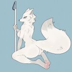  anthro arctic_fox big_butt blind blue_background blue_eyes breasts butt canid canine dipstick_tail featureless_breasts feet female fluffy fox fur gloves_(marking) grey_body grey_fur hi_res leg_markings mammal markings moonphase249 nude pawpads paws rear_view simple_background socks_(marking) solo tail tail_markings white_body white_cane white_fur 