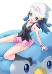  armpits beanie black_socks blue_eyes blue_hair dawn_(pokemon) hat highres long_hair miniskirt ossannoa piplup poke_ball_symbol pokemon pokemon_(game) pokemon_dppt poketch simple_background skirt socks watch wristwatch 