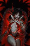  1girl bath black_eyes bodysuit clothing_cutout collar commentary english_commentary from_above green_eyes highres leirix_(leirixart) long_hair looking_at_viewer navel navel_cutout partially_submerged red_bodysuit red_nails revealing_clothes solo vampirella vampirella_(character) 