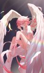  1girl absurdres angel angel_wings bai_ou_(crazy_ones) barefoot crazy_ones dress highres official_art panties pink_eyes pink_hair pink_ribbon ribbon short_dress short_sleeves solo underwear white_dress white_panties wide_sleeves wings 