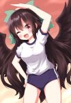  1girl bird_wings black_hair black_wings blue_buruma blush bow buruma exercise gradient_background gym_shirt gym_uniform hair_bow highres long_hair open_mouth red_background red_eyes reiuji_utsuho ruu_(tksymkw) shirt short_sleeves smile touhou wings 