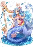  1girl blue_hair breasts bud_(znehgneh2) fins frills hair_ornament harp head_fins instrument long_hair mermaid monster_girl navel original scales simple_background solo water waves wavy_hair white_background 