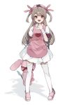  &gt;_&lt; 1girl :d apron bandaged_wrist bandages blush collared_dress dress full_body gominami hair_ornament hand_up hat heart heart_print highres holding holding_stuffed_toy knife light_brown_hair long_hair looking_at_viewer natori_sana nurse_cap open_mouth pink_apron pink_footwear pink_headwear pocket puffy_short_sleeves puffy_sleeves rabbit_hair_ornament red_eyes sana_channel short_sleeves simple_background slippers smile solo standing stuffed_animal stuffed_rabbit stuffed_toy thighhighs two_side_up virtual_youtuber white_background white_dress white_thighhighs 
