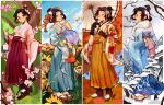  1girl ace_attorney autumn_leaves bangs_pinned_back bare_tree black_eyes black_gloves black_hair blue_kimono blue_skirt blue_sky boots bouquet bow brown_footwear cherry_blossoms closed_eyes closed_mouth elias_(elusivelisa_) field floral_print flower flower_field fur_scarf gloves grass grin hair_ornament hair_ribbon hair_rings hakama hakama_skirt holding holding_bouquet holding_umbrella japanese_clothes kanzashi kimono kinchaku long_skirt long_sleeves looking_at_viewer meiji_schoolgirl_uniform multiple_views obi oil-paper_umbrella okobo orange_ribbon orange_skirt outdoors pink_kimono pink_sash plant pleated_skirt pouch print_kimono red_hakama red_skirt ribbon sash scarf seasons skirt sky smile snow socks spring_(season) standing sunflower susato_mikotoba tabi the_great_ace_attorney tree umbrella updo waist_bow white_gloves white_ribbon white_scarf white_socks wide_sleeves yellow_flower 