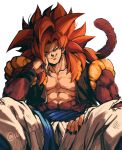 1boy absurdres biceps black_wristband blue_eyes blue_sash body_fur dragon_ball dragon_ball_gt gogeta highres looking_at_viewer male_focus metamoran_vest monkey_boy monkey_tail muscular muscular_male no_nipples pants pectorals red_hair relio_db318 sash simple_background smirk solo spiked_hair super_saiyan super_saiyan_4 tail veins veiny_hands white_pants 