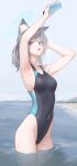  1girl animal_ear_fluff animal_ears armpits arms_up artist_name bare_arms bare_shoulders beach black_one-piece_swimsuit blue_archive blue_eyes blue_sky breasts cat_ears commentary_request covered_navel day grey_hair groin highres long_hair mcg6 medium_breasts ocean one-piece_swimsuit ponytail pouring pouring_onto_self shiroko_(blue_archive) signature sky solo swimsuit wading water 