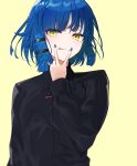  1girl :q absurdres black_shirt blue_hair blue_nails bocchi_the_rock! collared_shirt commentary highres long_sleeves looking_at_viewer mole mole_under_eye nail_polish nigori_(keydoor) shirt short_hair simple_background solo tongue tongue_out upper_body v v_over_mouth yamada_ryou yellow_background yellow_eyes 