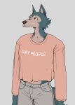  anthro beastars bottomwear canid canine canis clothing english_text hi_res humor legoshi_(beastars) male mammal neutral_expression pants scar shirt smagma solo text topwear wolf 