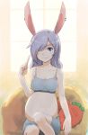  1girl absurdres animal_ears big_belly blue_eyes carrot_pillow collarbone earrings grey_hair hair_over_one_eye highres jewelry long_bangs long_hair midriff mutou_youshun navel original pillow pointing pointing_up pregnant rabbit_ears rabbit_girl shorts sitting smile solo sports_bra window 