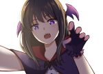  1girl bat_ornament black_cloak black_gloves black_hair bright_pupils cloak demon_wings fake_wings fangs frilled_gloves frills gloves hair_between_eyes halloween hand_up hyoe_(hachiechi) inoue_takina light_blush long_hair looking_at_viewer lycoris_recoil open_mouth paw_pose pov purple_eyes simple_background solo straight_hair vampire white_background white_pupils wings 