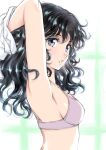  1girl amagami armpits black_hair blue_eyes bra breasts clenched_teeth hands_up highres long_hair looking_at_viewer looking_to_the_side messy_hair profile sideways_mouth small_breasts solo tanamachi_kaoru teeth teiemon underwear undressing upper_body wavy_hair white_bra 