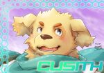  anthro bird_dog blush canid canine canis cu_sith_(tas) domestic_dog floppy_ears fur golden_retriever green_eyes headshot_portrait hunting_dog indoman_x lifewonders male mammal portrait retriever scarf solo tokyo_afterschool_summoners yellow_body yellow_fur 