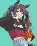  1girl animal_ears aqua_background ball basketball_(object) black_hoodie blue_eyes blush brown_hair carrying carrying_under_arm denim holding holding_ball hood hood_down hoodie horse_ears horse_girl horse_tail jeans long_hair long_sleeves looking_at_viewer navel oishi_oiru pants solo sweat tail torn_clothes torn_jeans torn_pants tosen_jordan_(umamusume) twintails umamusume upper_body 