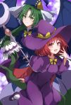  2girls :d blue_capelet blue_headwear blue_skirt blue_vest blue_wings bow bowtie capelet commentary_request demon_wings dress flower green_eyes green_hair hat hat_bow hat_ribbon highres holding holding_staff juliet_sleeves kirisame_marisa kirisame_marisa_(pc-98) long_hair long_sleeves mary_janes medium_hair midriff mima_(touhou) multiple_girls navel parted_bangs puffy_sleeves purple_capelet purple_dress purple_footwear purple_headwear rakuza_(ziware30) red_eyes red_hair ribbon shoes skirt smile socks staff story_of_eastern_wonderland touhou touhou_(pc-98) very_long_hair vest white_ribbon white_socks wings witch witch_hat wizard_hat yellow_bow 