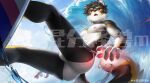  2023 absurd_res anthro areola black_body black_fur bulge canid canine canis clothing domestic_dog fur guaishoudm1 hair hi_res looking_away low-angle_view male mammal solo surfboard surfing swimwear tail water watermark wave white_body white_fur worm&#039;s-eye_view 