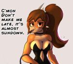  anthro big_breasts breasts brown_hair choker clothed clothing cosmonaut dialogue digital_media_(artwork) english_text female goodbye_volcano_high hair hi_res jewelry long_hair looking_at_viewer navel necklace orange_eyes partially_clothed ponytail purse rosa_(gvh) scalie simple_background snoot_game_(fan_game) snout solo text 
