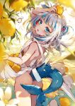  1girl air_bubble apron arm_up ass blue_eyes blue_hair blurry blurry_foreground blush breasts bubble commentary eyelashes fins fish_tail flower food fruit gawr_gura hair_ornament hieihirai highres holding holding_food holding_fruit hololive hololive_english lemon looking_at_viewer medium_hair multicolored_hair naked_apron parted_lips shark_girl shark_hair_ornament shark_tail sideboob small_breasts solo streaked_hair tail tail_censor teeth turning_head two_side_up underwater upper_teeth_only v virtual_youtuber white_apron white_flower white_hair 