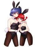  animal_ears black_bow black_bowtie black_leotard blue_eyes blue_hair bow bowtie braid braided_ponytail breasts brown_eyes cleavage cropped_legs detached_collar fake_animal_ears highres ibispaint_(medium) leotard long_hair low_ponytail matching_outfits medium_breasts pantyhose playboy_bunny rabbit_ears rabbit_tail ranma-chan ranma_1/2 red_hair short_hair simple_background single_braid standing strapless strapless_leotard tail tendou_akane white_background wrist_cuffs yuzukawa_ryo 