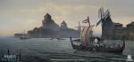  6+boys assassin&#039;s_creed:_valhalla assassin&#039;s_creed_(series) building company_name concept_art copyright_name dechambo european_architecture fortress grey_sky highres multiple_boys outdoors shield ship water watercraft watermark windmill 