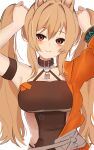  1girl absurdres alternate_hairstyle animal_ears arknights armpits arms_up bangs bare_shoulders binware blush breasts brown_hair bunching_hair ceobe_(arknights) ceobe_(summer_flowers)_(arknights) cleavage closed_mouth commentary_request dog_ears fang fang_out hair_between_eyes highres jacket long_hair long_sleeves looking_at_viewer medium_breasts official_alternate_costume orange_jacket red_eyes simple_background smile solo twintails upper_body very_long_hair white_background 