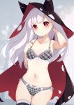  1girl absurdres azur_lane bare_arms bare_shoulders black_cloak black_thighhighs blush bow bow_bra bow_panties bra breasts cloak closed_mouth collarbone commentary_request commission erebus_(azur_lane) grey_bra grey_hair grey_panties hand_up highres hinata_(user_rjkt4745) hood hood_up hooded_cloak long_hair nail_polish navel panties pixiv_commission plaid plaid_bra plaid_panties red_eyes red_nails small_breasts solo thighhighs torn_cloak torn_clothes underwear 