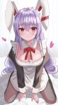  1girl absurdres alternate_costume animal_ears aohane apron arm_support breasts cleavage closed_mouth enmaided from_above hair_between_eyes heart highres large_breasts light_smile long_hair looking_at_viewer maid maid_headdress pantyhose purple_eyes purple_hair rabbit_ears reisen_udongein_inaba shadow simple_background solo touhou very_long_hair white_background 