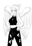  absurd_res anthro bottomwear choker clothed clothing dinosaur fang_(gvh) feathered_wings feathers female goodbye_volcano_high hair hands_on_hips hi_res jewelry long_hair long_snout midriff monochrome navel necklace pants pterodactylus pterosaur reptile scalie simple_background snoot_game_(fan_game) snout solo torn_bottomwear torn_clothing torn_pants unknown_artist white_background wings 
