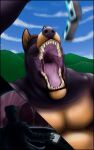  absurd_res anthro anthro_pred belly black_nose bodily_fluids canid canine canis dobermann domestic_dog eyes_closed gfhs hi_res imminent_vore internal_oral macro male male_pred mammal open_mouth overweight pinscher saliva saliva_string simple_background size_difference solo train vehicle 