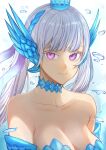  1girl bare_shoulders black_clover blue_choker breasts choker cleavage closed_mouth crown ear_ornament grey_hair hair_ribbon highres looking_at_viewer low_twintails noelle_silva purple_eyes ribbon rizaavana smile solo twintails twitter_username water_drop 