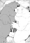  2023 absurd_res anthro bear bed bite blush bodily_fluids censor_bar condom cuddling detailed_background duo erection eyes_closed filled_condom furniture genitals hi_res humanoid_genitalia humanoid_penis kemono kmd023 male male/male mammal monochrome moobs nipples open_mouth overweight overweight_anthro overweight_male penis penis_grab polar_bear saliva scar sex sexual_barrier_device signature sweat tusks ursine vein 