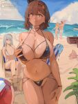  1boy 3girls alternate_costume atelier_(series) atelier_ryza atelier_ryza_2 ball bare_shoulders beach beachball black_ribbon blue_sky blush braid breasts brown_eyes brown_hair cleavage collarbone earrings grabbing_own_breast hair_ornament jewelry key_necklace klaudia_valentz large_breasts licking_lips lila_decyrus looking_at_viewer mirai_hikari multiple_girls navel necklace reisalin_stout ribbon short_hair side_braid sideboob sky slime_(creature) smile star_(symbol) star_earrings stomach textless_version thighs tongue tongue_out 