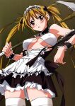  1girl absurdres airi_(queen&#039;s_blade) airi_(the_infernal_temptress) alternate_color blonde_hair blush bra breasts carrying covered_nipples hair_ribbon highres holding holding_weapon large_breasts long_hair looking_at_viewer maid maid_headdress official_art queen&#039;s_blade red_eyes ribbon scythe shiny_skin shoulder_carry simple_background solo standing takamura_kazuhiro thighhighs torn_clothes twintails underboob underwear weapon white_bra white_thighhighs 