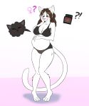  2023 anthro barefoot blush bra bra_transformation breasts brown_hair clothing digital_media_(artwork) domestic_cat feet felid feline felis female female_symbol fur gender_symbol hair hi_res looking_down mammal navel oter pigeon_toed pink_nose pregnant simple_background solo standing symbol underwear white_body white_fur 