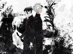  2boys animal blood blood_on_clothes blood_on_face blue_eyes closed_mouth cuts ear_piercing fish getou_suguru getou_suguru_(kenjaku) gojou_satoru greyscale hair_bun hair_pulled_back hand_up highres injury jacket jujutsu_kaisen jujutsu_tech_uniform long_sleeves male_focus monochrome multiple_boys orangementos706 pants piercing profile school_uniform short_hair spot_color 