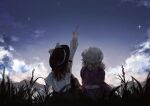  2girls absurdres agasa_(akasa_anodan) black_garter black_hair black_headwear black_skirt blonde_hair blue_sky bow cloud dress field fingernails frilled_hat frills from_behind full_body gradient_sky hand_on_ground hat hat_bow highres juliet_sleeves long_dress long_hair long_skirt long_sleeves maribel_hearn medium_hair mob_cap mountain multiple_girls outdoors pointing pointing_up puffy_sleeves purple_dress sash shirt sitting skirt sky sleeve_garter star_(sky) sunset touhou usami_renko white_bow white_headwear white_sash white_shirt 