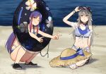  2girls annin_musou beach bikini blue_bikini blue_hair commentary_request grey_eyes grey_hair hat hat_removed headwear_removed kantai_collection long_hair multicolored_hair multiple_girls official_alternate_costume one_eye_closed red_hair sand sandals sarong see-through see-through_shirt shirt south_dakota_(kancolle) squatting straw_hat swimsuit tied_shirt visor_cap washington_(kancolle) white_hair 