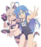  @_@ absurdres ahoge animal_ear_fluff animal_ears animal_hands arm_garter bell blue_hair bra breasts cat_ears cat_lingerie cat_paws cat_tail collarbone covered_navel crossover frilled_garter frills green_eyes groin hair_between_eyes heart_ahoge_duo highres izumi_konata jitome leg_up long_hair looking_at_viewer lucky_star meme_attire mole mole_under_eye navel neck_garter off_shoulder onii-chan_wa_oshimai! open_mouth outstretched_hand oyama_mahiro pilot_webber pink_hair ribbon school_swimsuit small_breasts swimsuit tail tail_bell tail_ornament tail_ribbon tareme underwear v wavy_mouth white_background yellow_eyes 