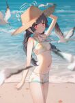  1girl bare_shoulders bikini black_hair blue_archive braid breasts bright_pupils halo hat leaf_print long_hair looking_at_viewer miyu_(blue_archive) miyu_(swimsuit)_(blue_archive) navel nogi_lace official_alternate_costume open_mouth print_bikini red_eyes small_breasts solo straw_hat swimsuit toes twin_braids twintails white_bikini white_pupils 