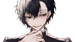  1boy absurdres bandaged_neck bandages black_eyes black_hair black_jacket bungou_stray_dogs dazai_osamu_(bungou_stray_dogs) hair_between_eyes highres jacket light looking_to_the_side male_focus open_mouth portrait short_hair simple_background smile solo white_background ya_ta 